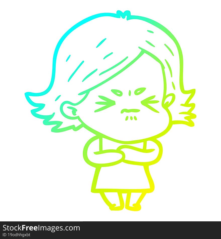 Cold Gradient Line Drawing Cartoon Angry Girl