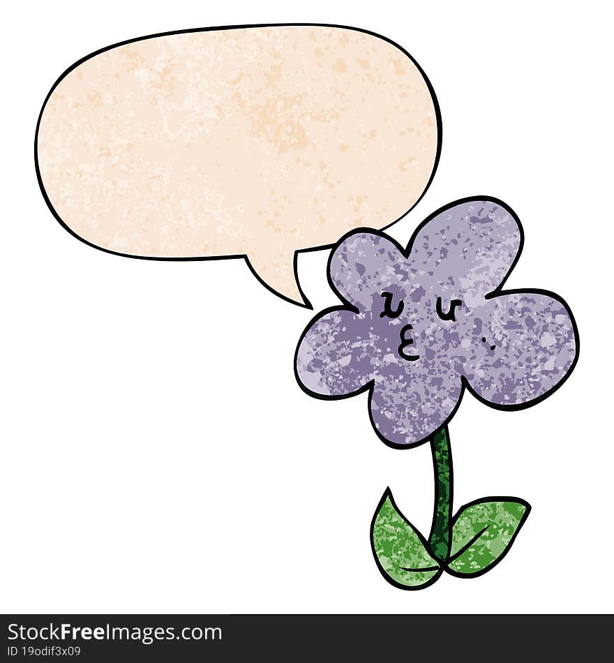 cartoon flower and speech bubble in retro texture style