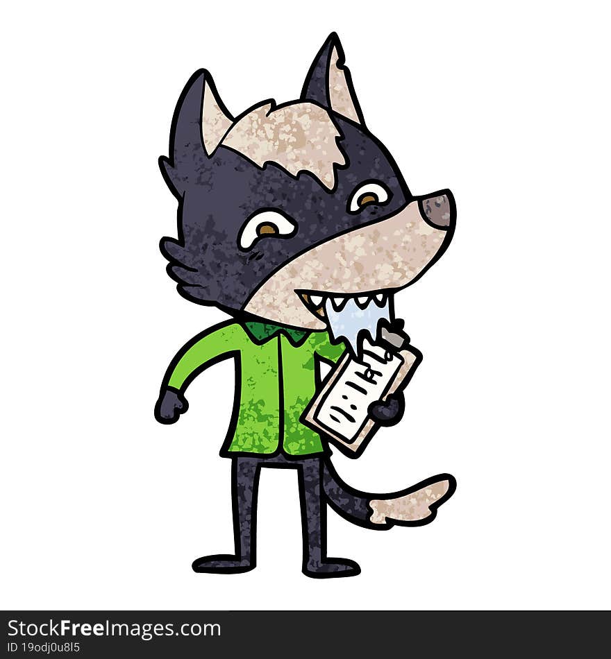 cartoon hungry wolf with clip board. cartoon hungry wolf with clip board