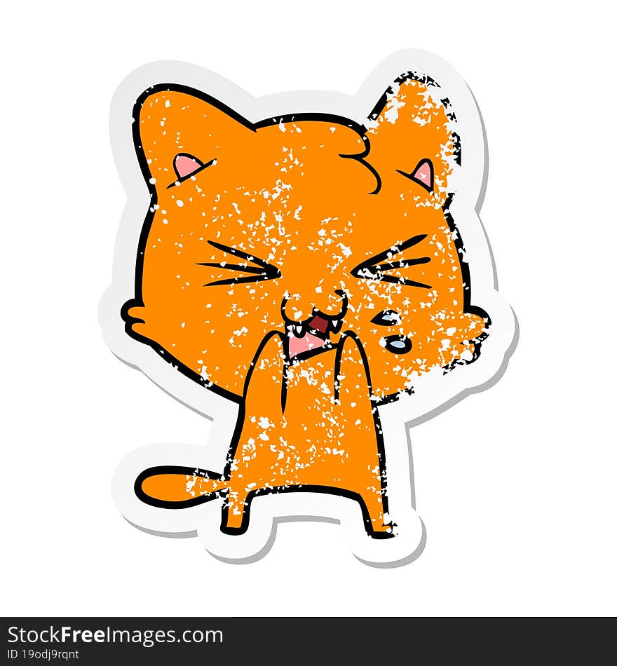 distressed sticker of a cartoon hissing cat