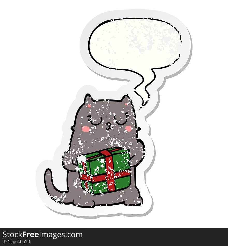 cartoon christmas cat with speech bubble distressed distressed old sticker. cartoon christmas cat with speech bubble distressed distressed old sticker