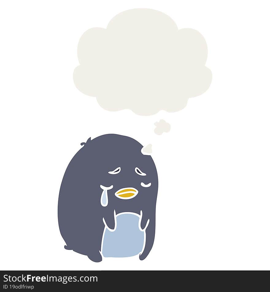 cartoon crying penguin and thought bubble in retro style