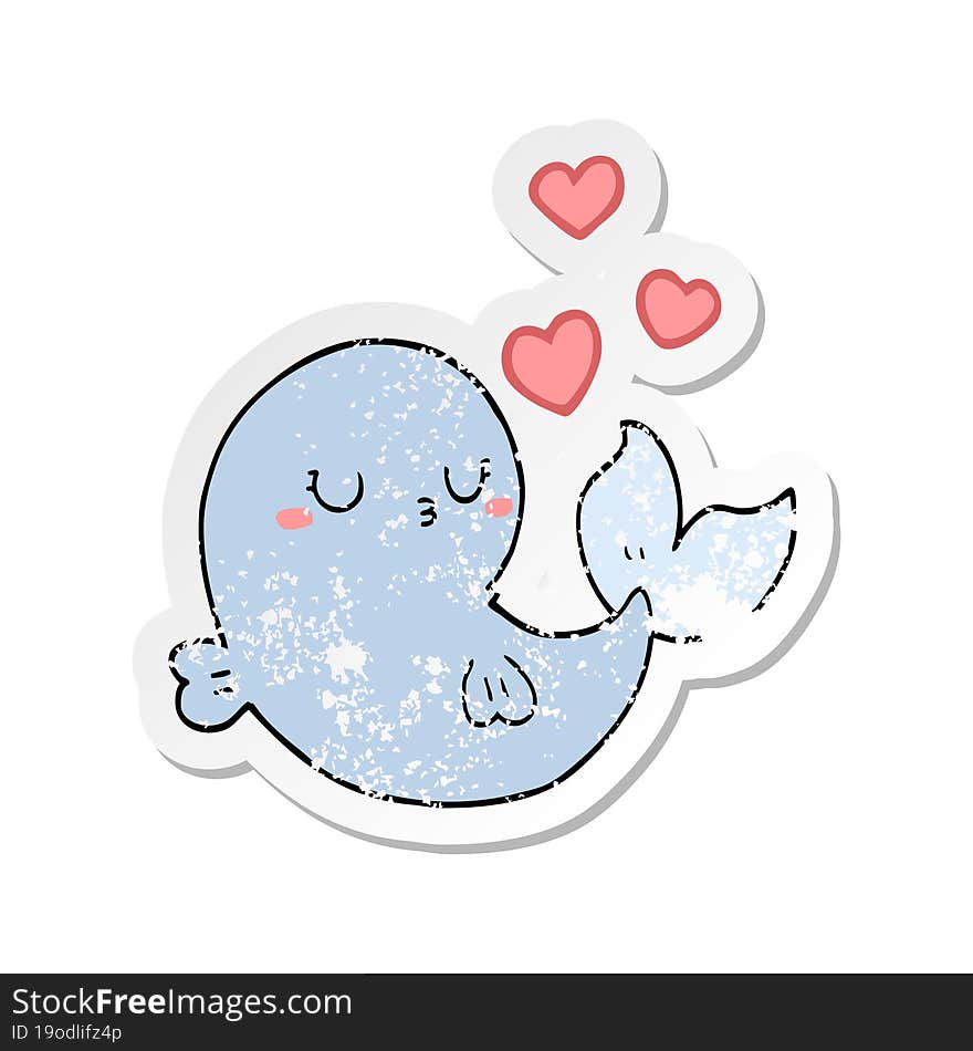 distressed sticker of a cute cartoon whale in love