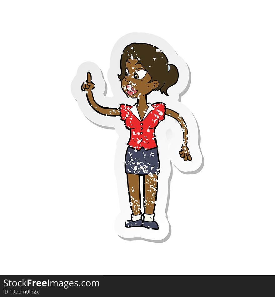 retro distressed sticker of a cartoon woman with great idea