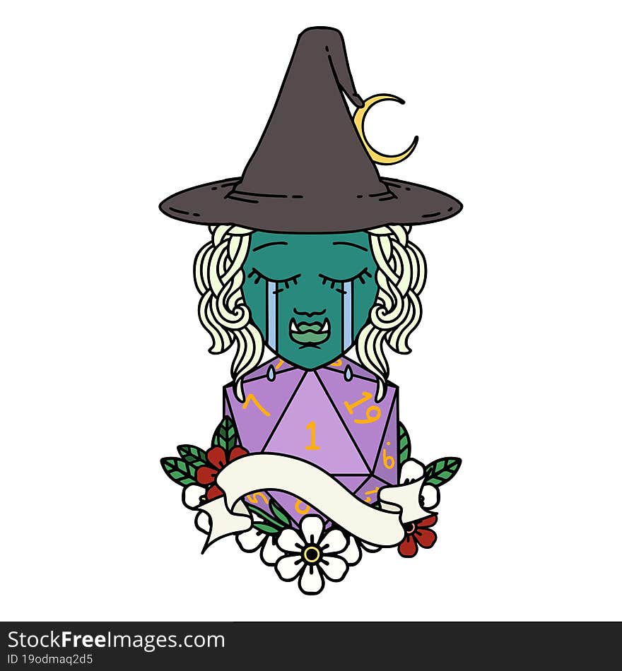 crying orc witch with natural one D20 roll illustration