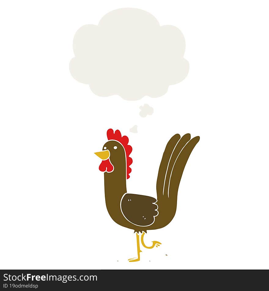 cartoon rooster with thought bubble in retro style