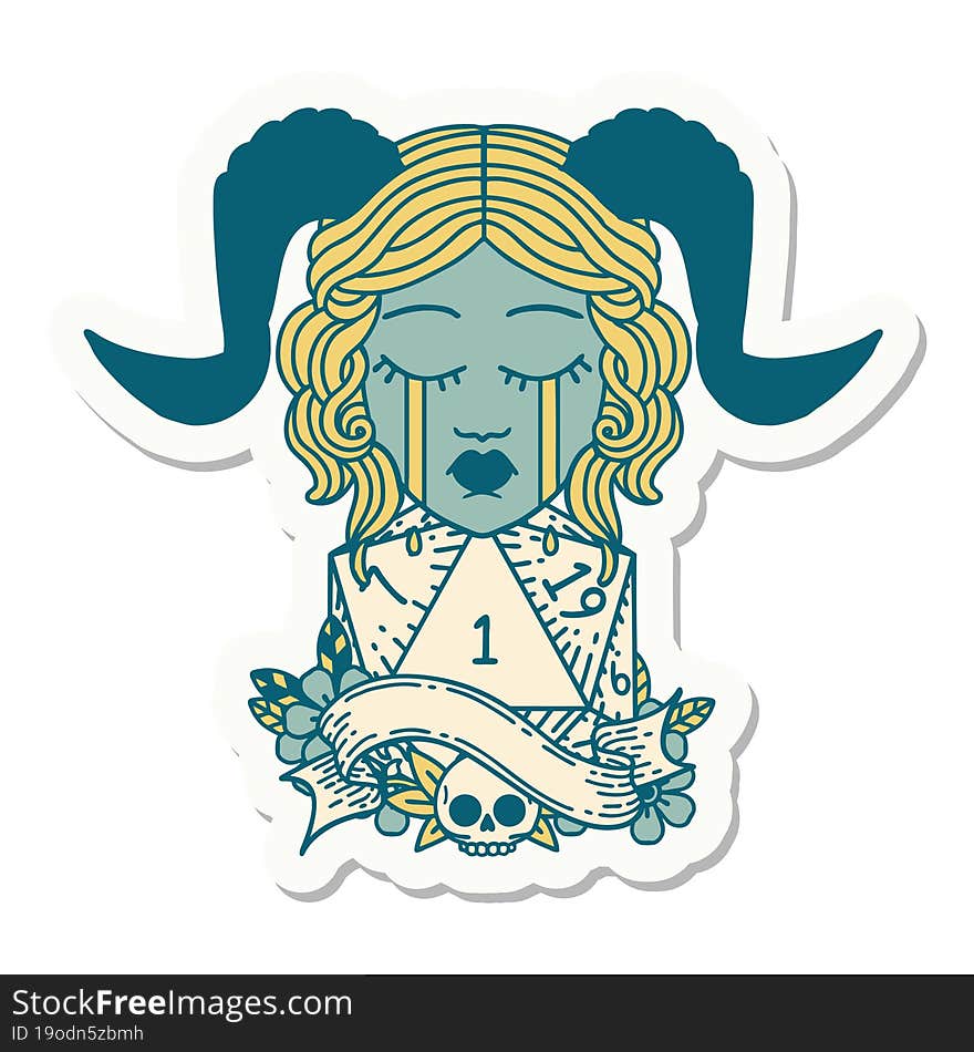 sticker of a crying tiefling with natural one D20 dice roll. sticker of a crying tiefling with natural one D20 dice roll