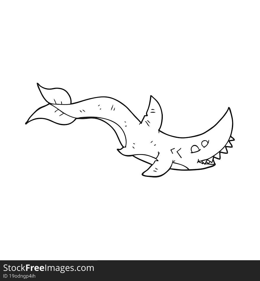 freehand drawn black and white cartoon shark