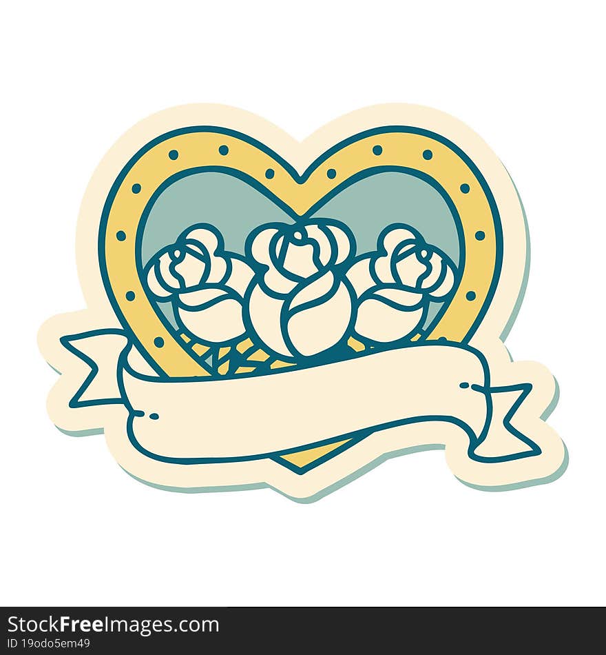 sticker of tattoo in traditional style of a heart and banner with flowers. sticker of tattoo in traditional style of a heart and banner with flowers