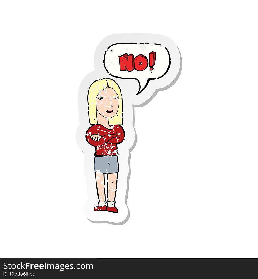 retro distressed sticker of a cartoon woman saying no