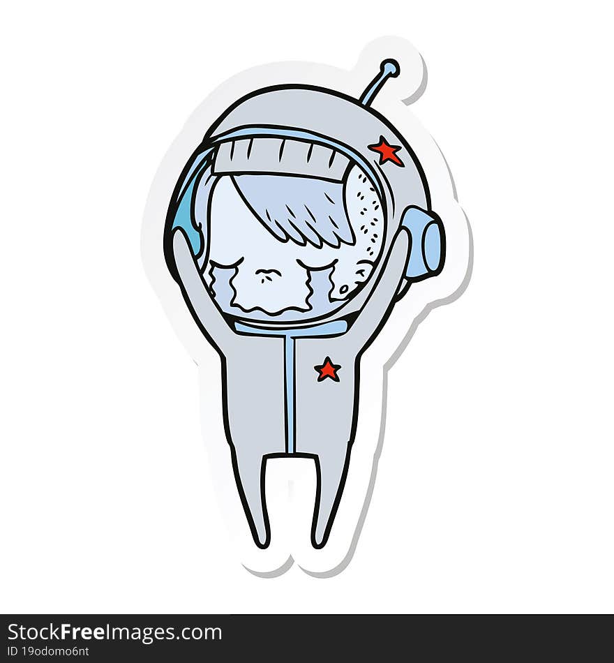 sticker of a cartoon crying astronaut girl