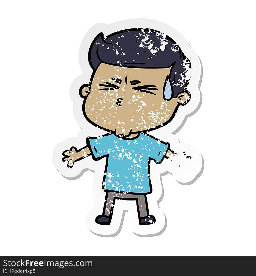 Distressed Sticker Of A Cartoon Man Sweating