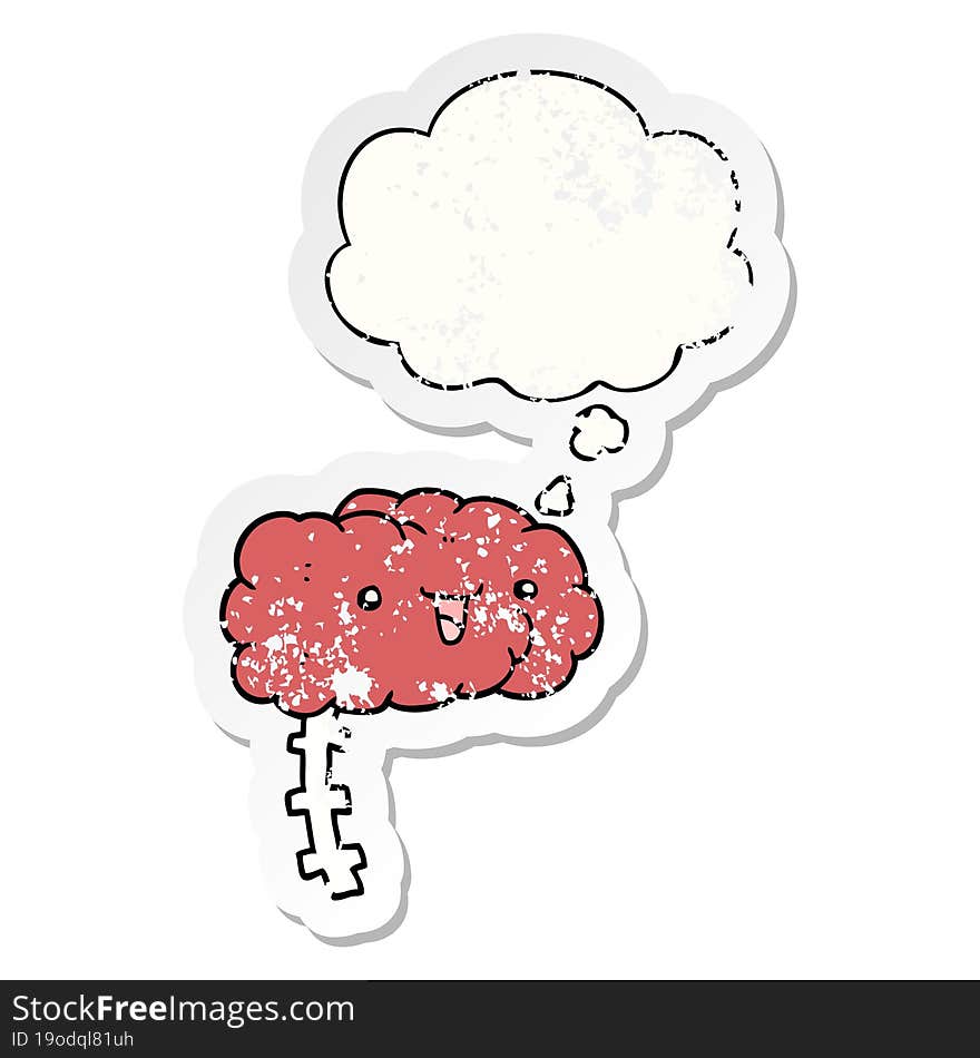 happy cartoon brain and thought bubble as a distressed worn sticker