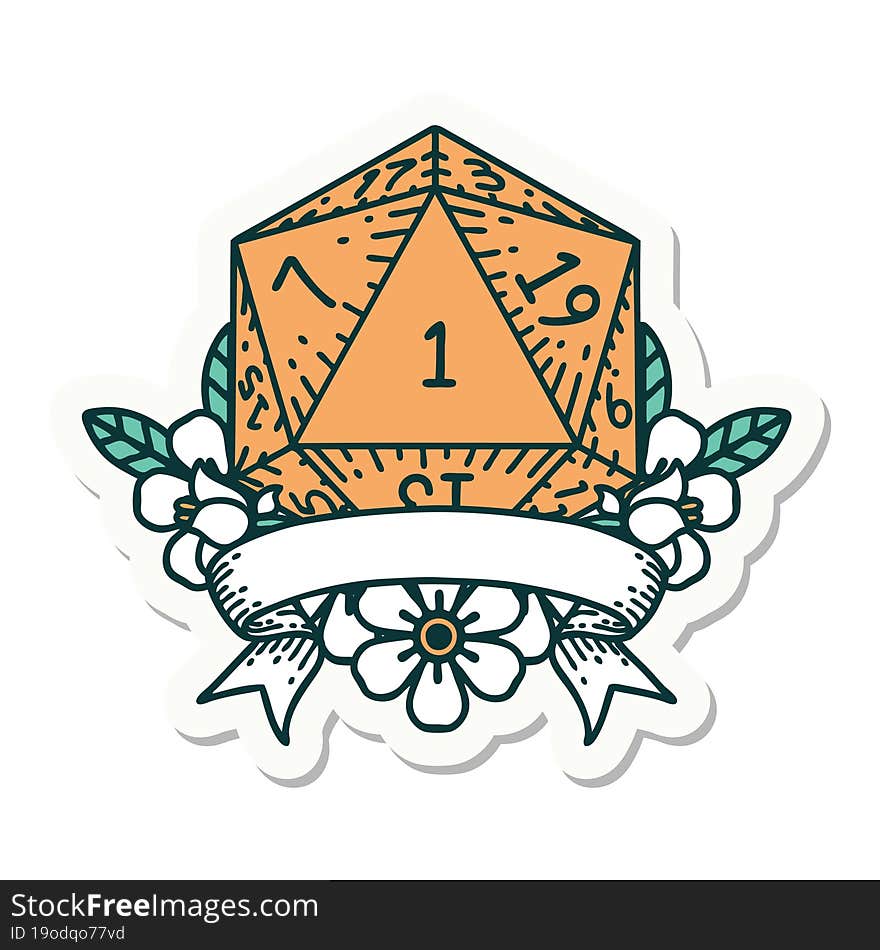 sticker of a natural one d20 dice roll. sticker of a natural one d20 dice roll