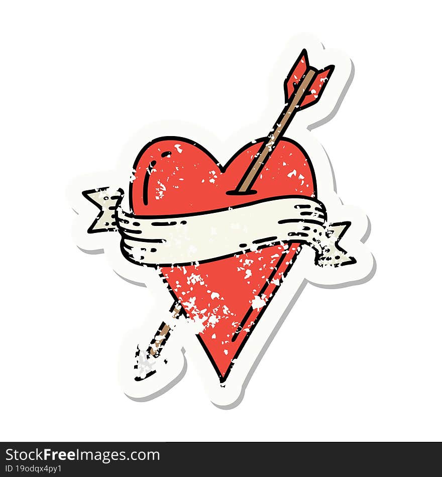 Traditional Distressed Sticker Tattoo Of An Arrow Heart And Banner