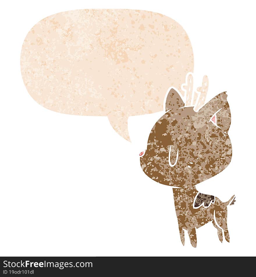 cartoon deer with speech bubble in grunge distressed retro textured style. cartoon deer with speech bubble in grunge distressed retro textured style