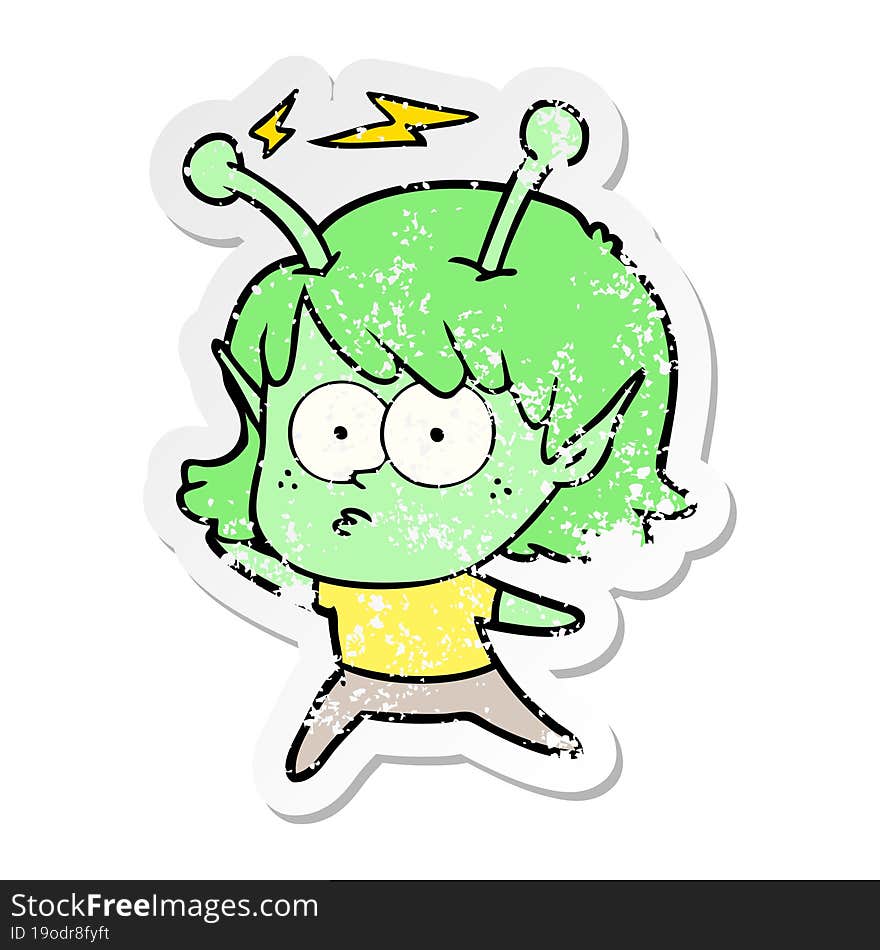 distressed sticker of a cartoon alien girl