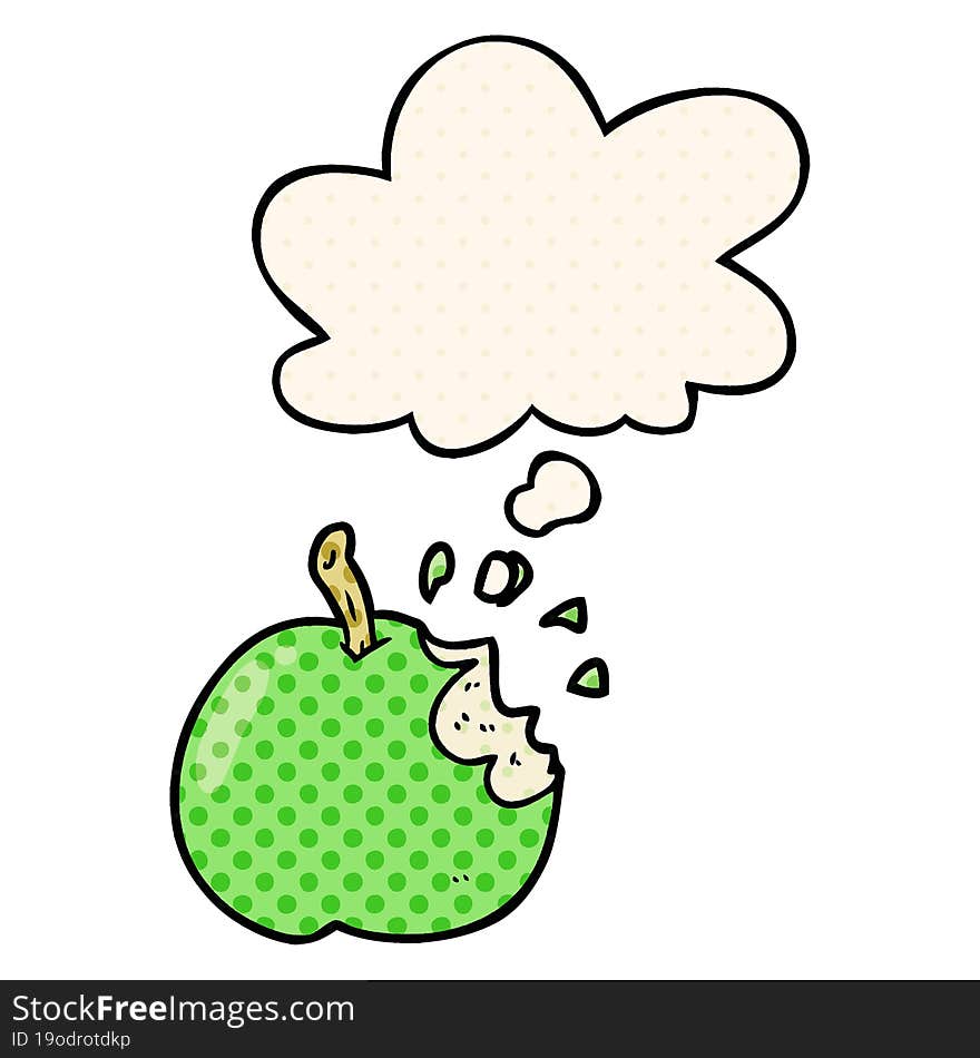 cartoon bitten apple with thought bubble in comic book style