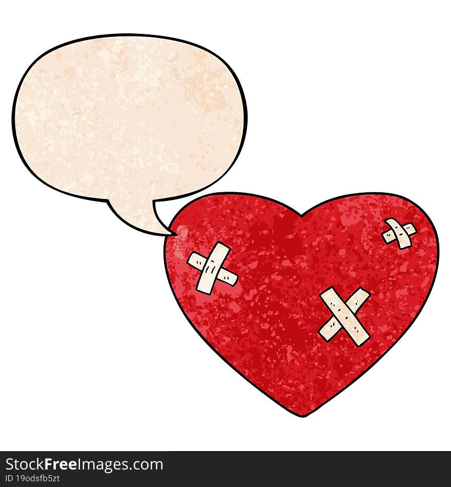 cartoon beaten up heart and speech bubble in retro texture style