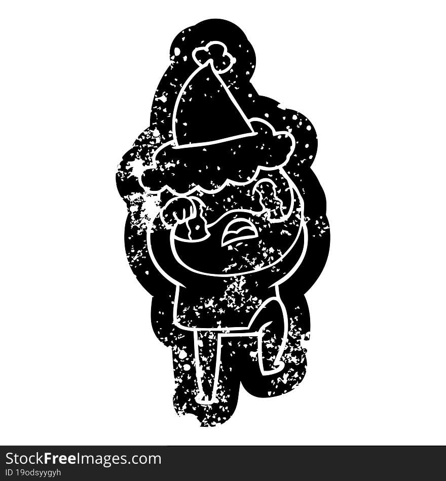 quirky cartoon distressed icon of a bearded man crying and stamping foot wearing santa hat