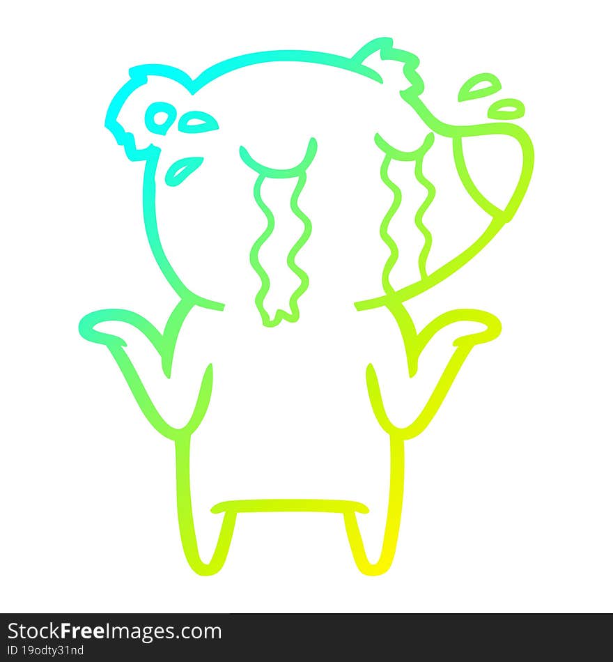 cold gradient line drawing of a cartoon crying bear