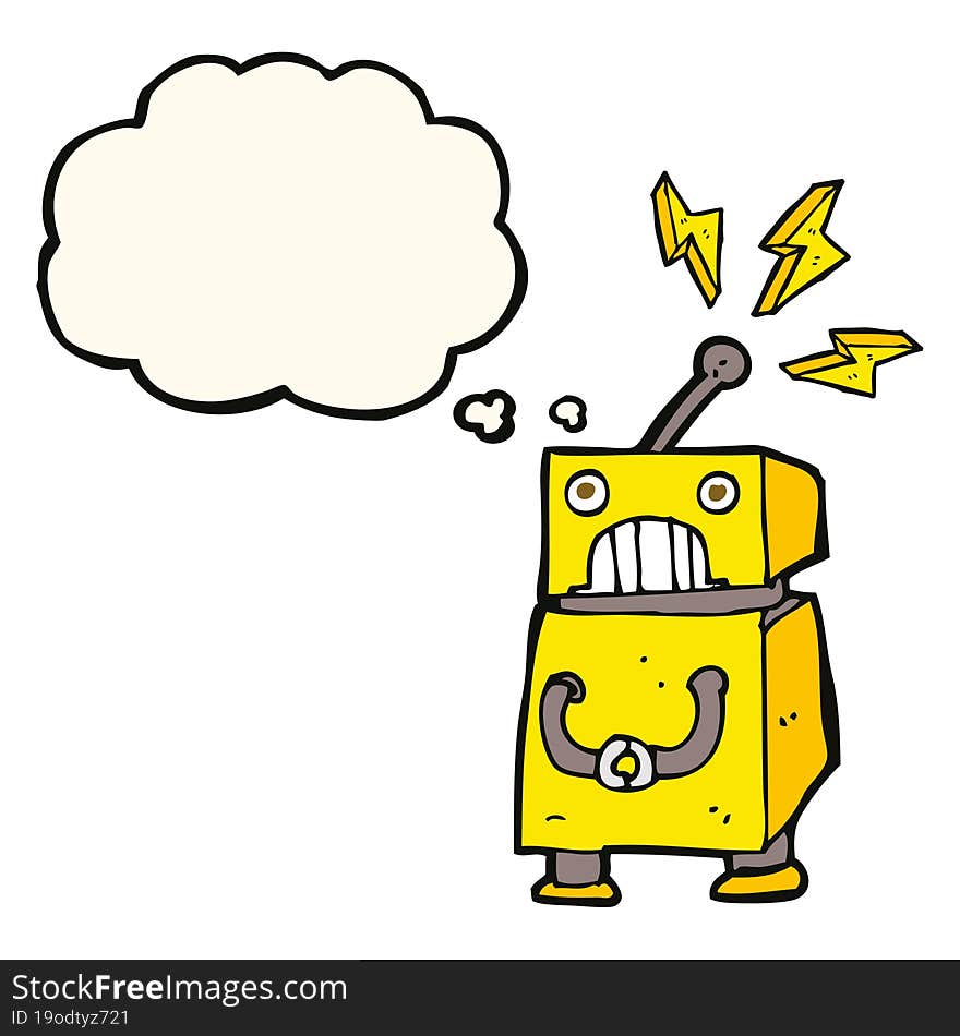 cartoon little robot with thought bubble