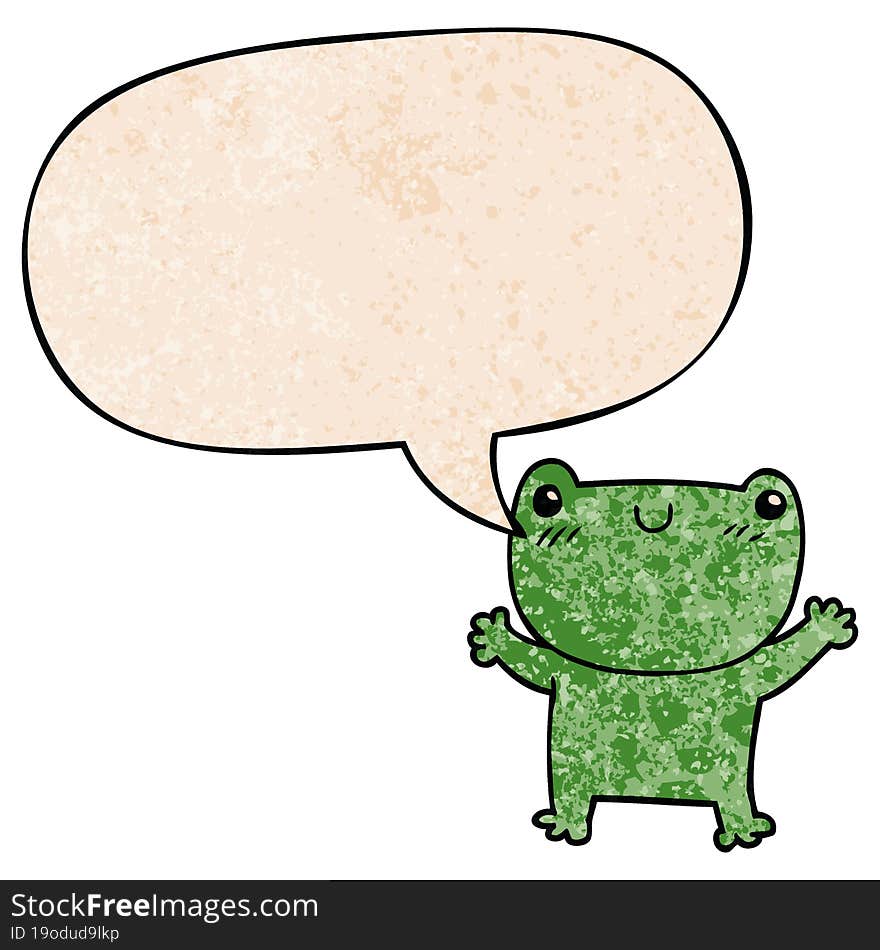 cartoon frog with speech bubble in retro texture style