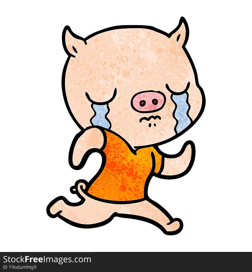 cartoon pig crying running away. cartoon pig crying running away