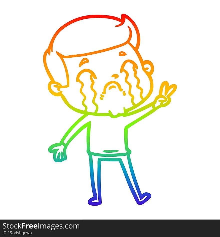 rainbow gradient line drawing of a cartoon man crying