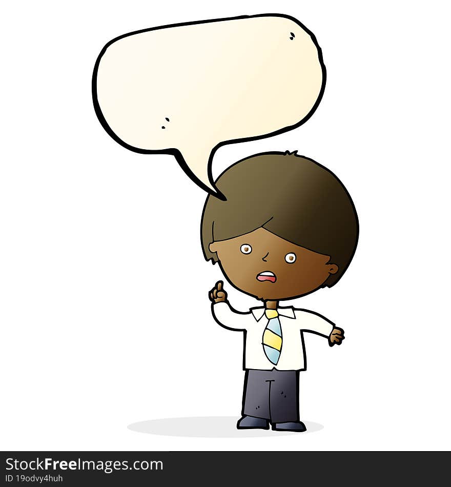 cartoon worried school boy raising hand with speech bubble