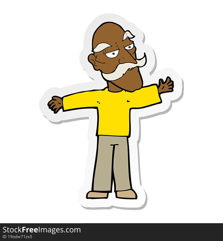 sticker of a cartoon old man spreading arms wide