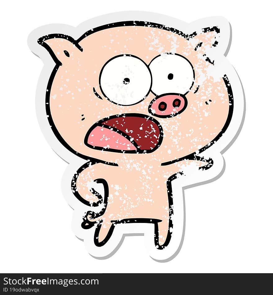 distressed sticker of a cartoon pig shouting