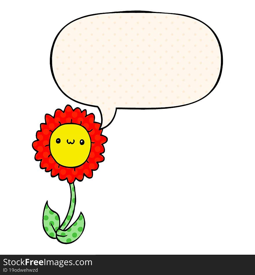 cartoon flower and speech bubble in comic book style