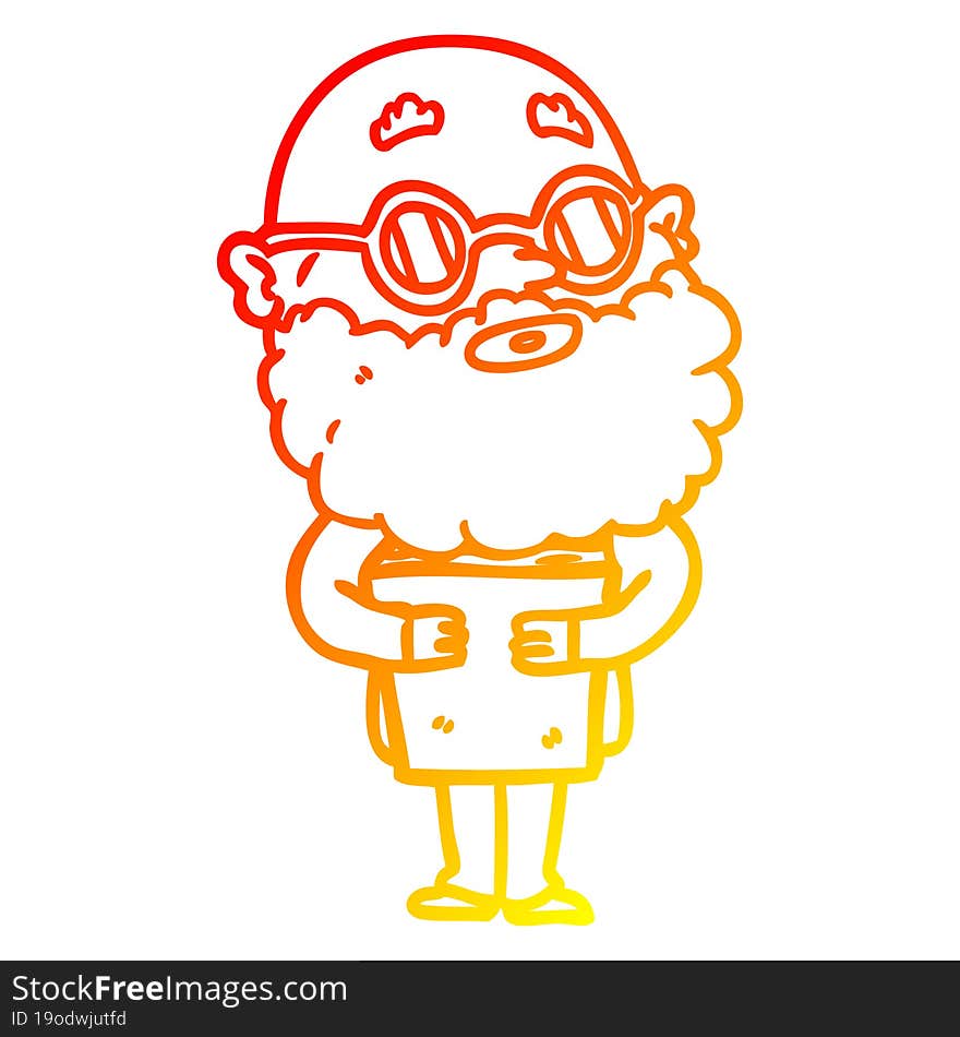 warm gradient line drawing of a cartoon curious man with beard and glasses