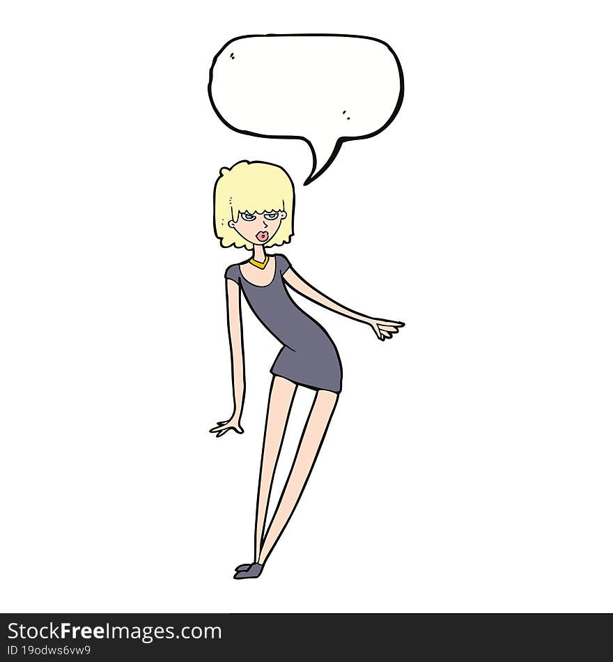 Cartoon Woman In Dress Leaning With Speech Bubble