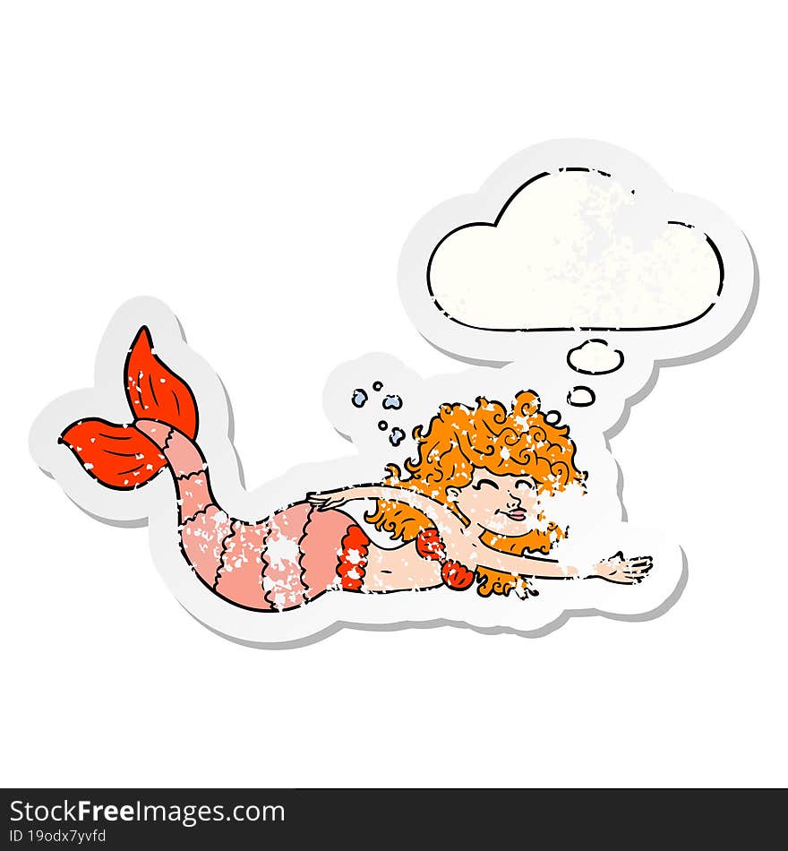 cartoon mermaid and thought bubble as a distressed worn sticker