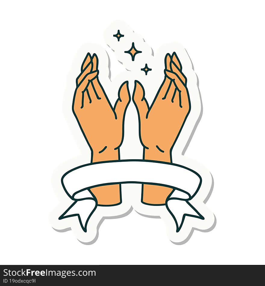 tattoo style sticker with banner of reaching hands