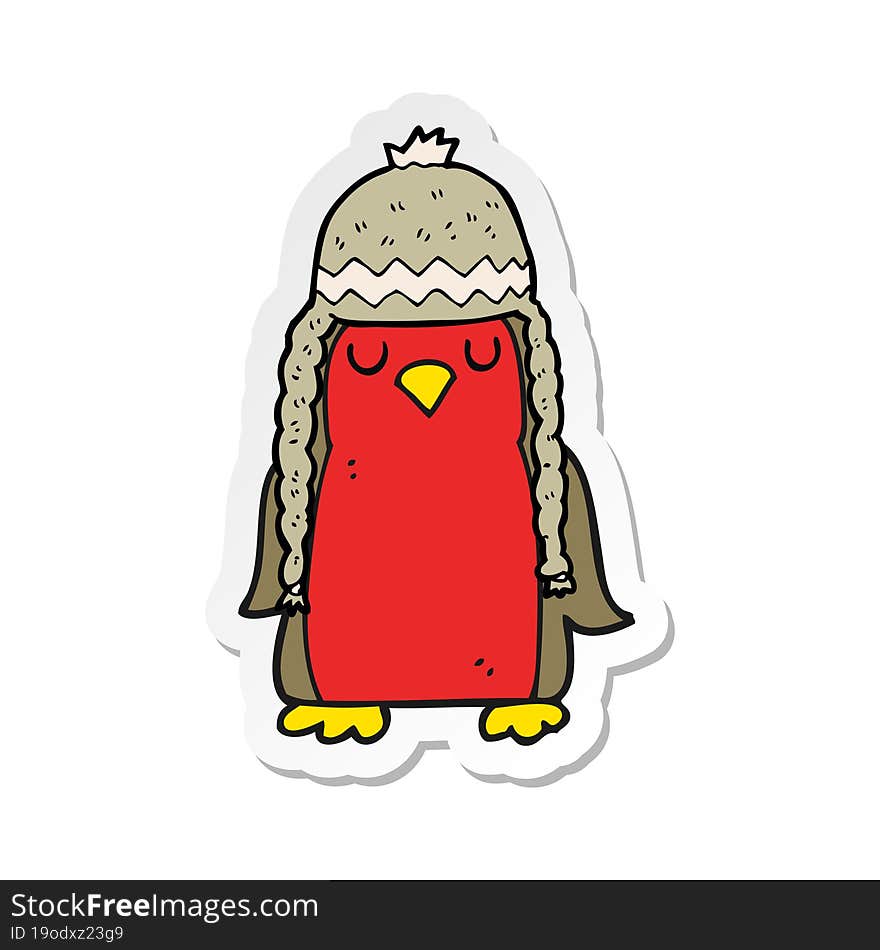 sticker of a cartoon robin wearing winter hat