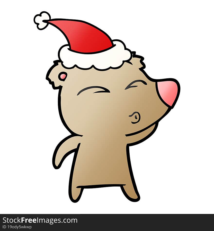 gradient cartoon of a whistling bear wearing santa hat