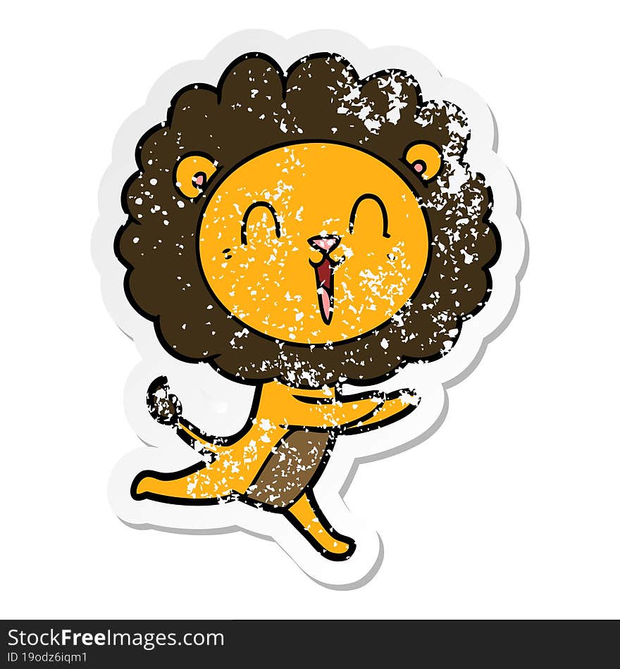 distressed sticker of a laughing lion cartoon running