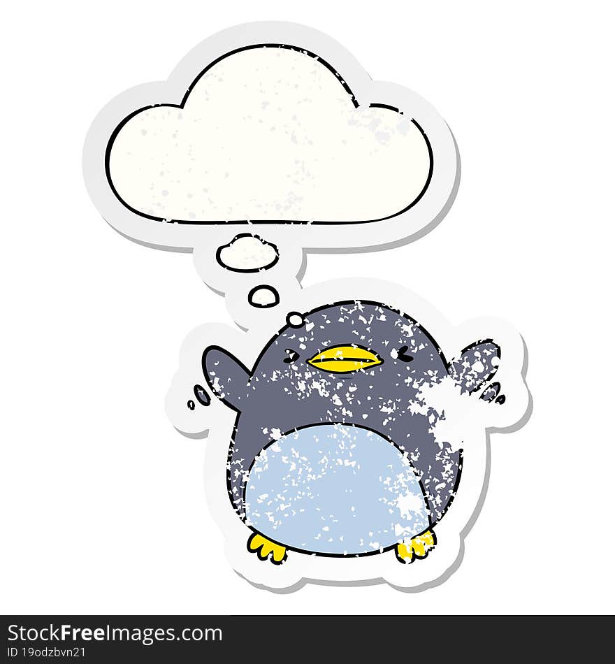 cute cartoon flapping penguin and thought bubble as a distressed worn sticker