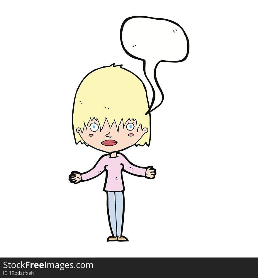 cartoon woman shrugging shoulders with speech bubble