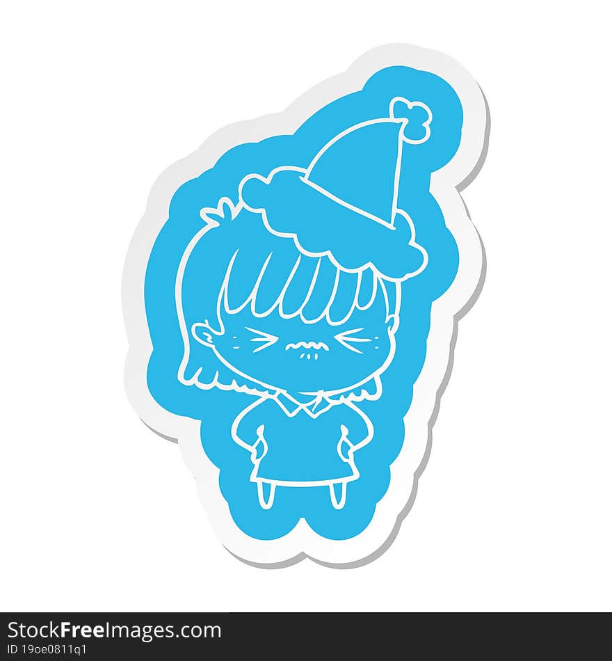 Annoyed Cartoon  Sticker Of A Girl Wearing Santa Hat