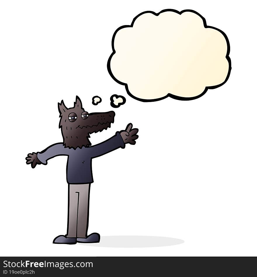 cartoon waving wolf with thought bubble