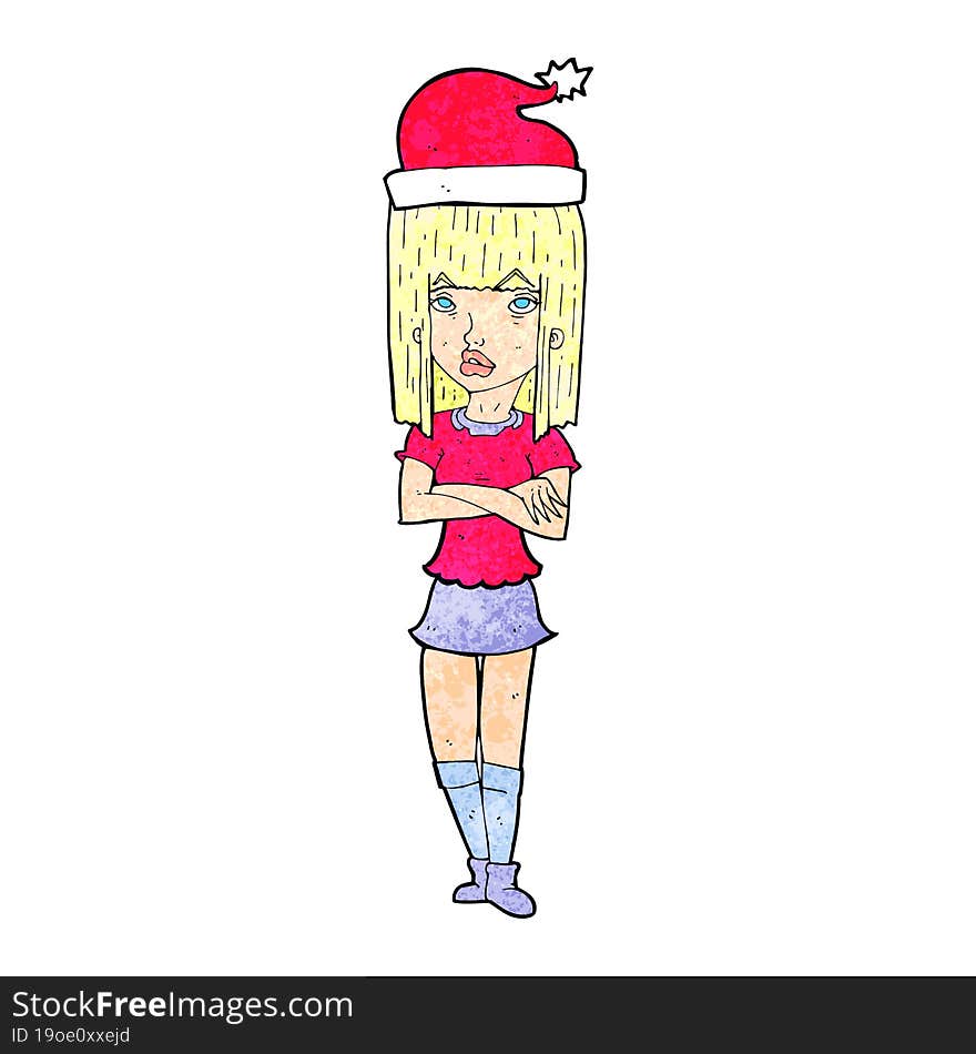 cartoon woman in christmas hat with folded arms