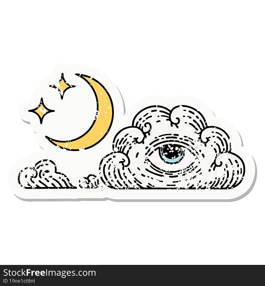 distressed sticker tattoo in traditional style of moon stars and cloud. distressed sticker tattoo in traditional style of moon stars and cloud