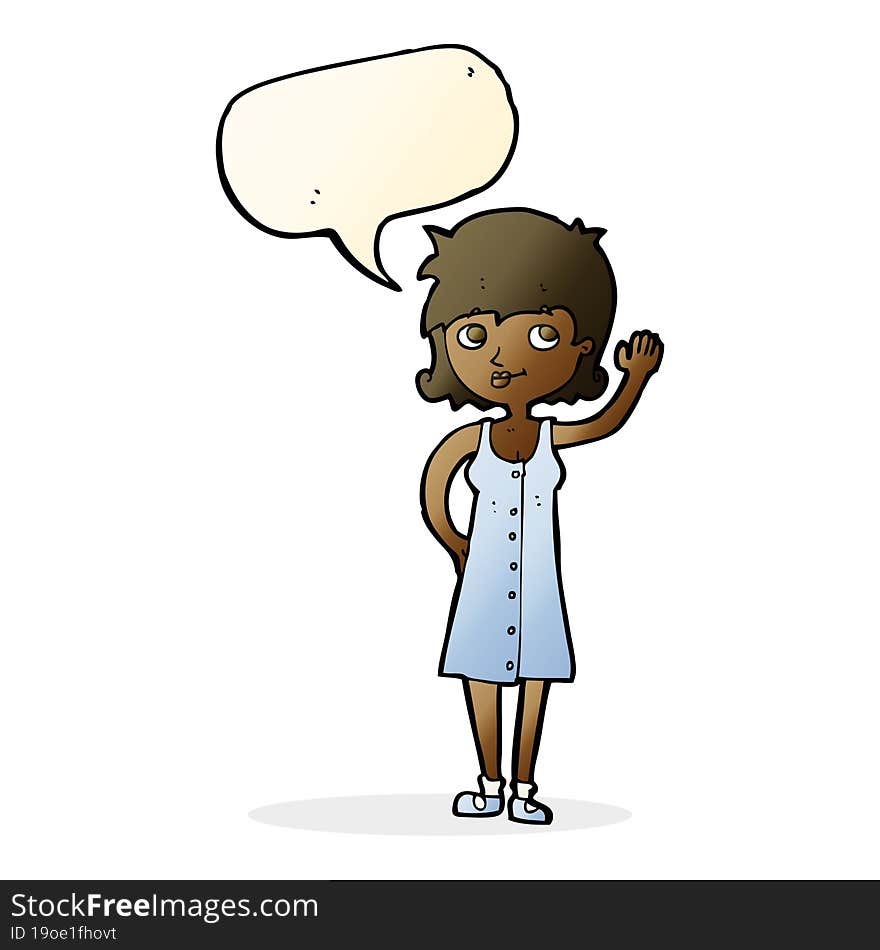 cartoon pretty woman waving with speech bubble