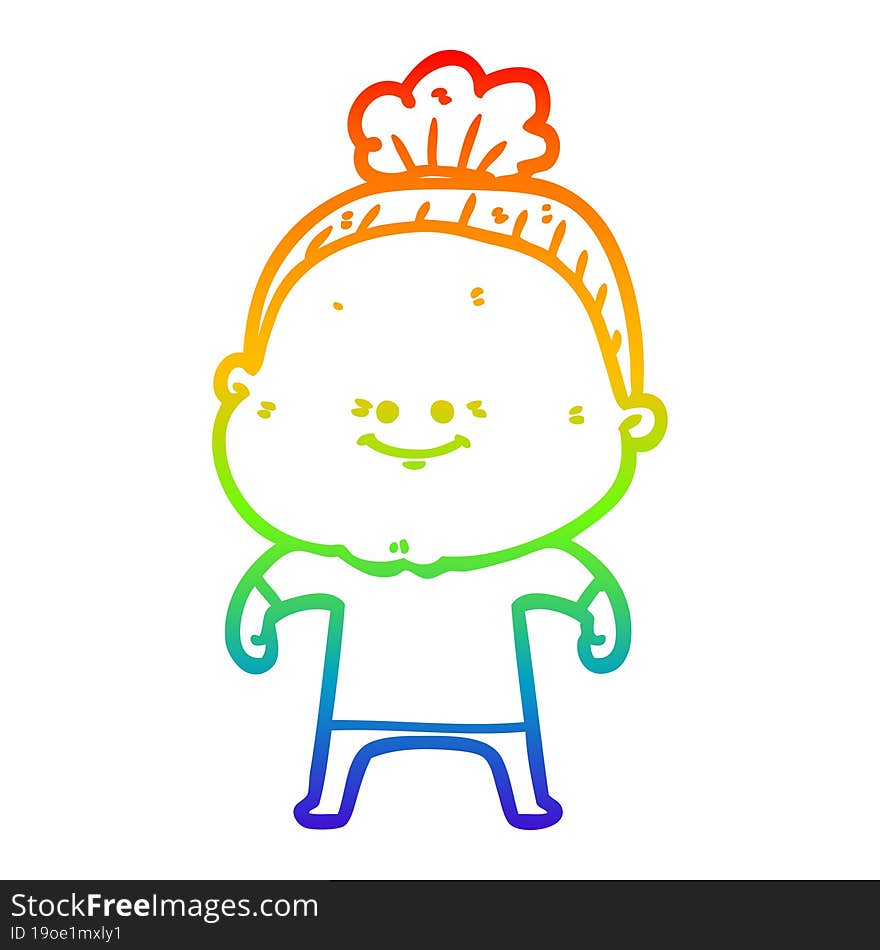 rainbow gradient line drawing of a cartoon happy old woman