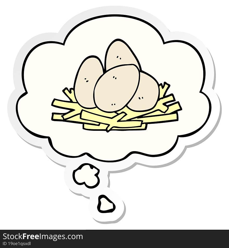 Cartoon Eggs In Nest And Thought Bubble As A Printed Sticker