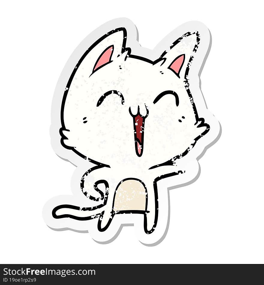 distressed sticker of a happy cartoon cat